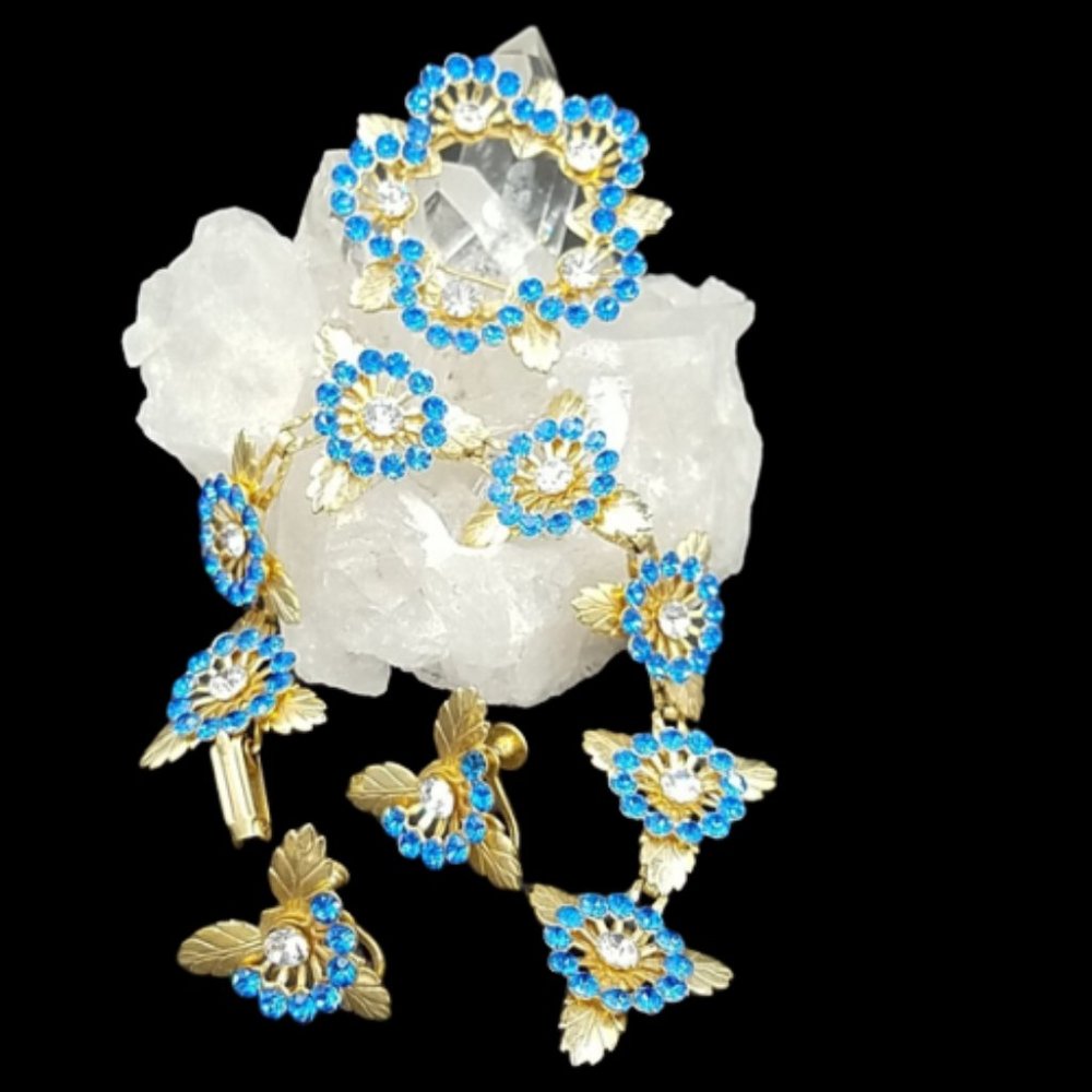 Vintage Sapphire Blue Rhinestone 1950's Bracelet Brooch Earring Set